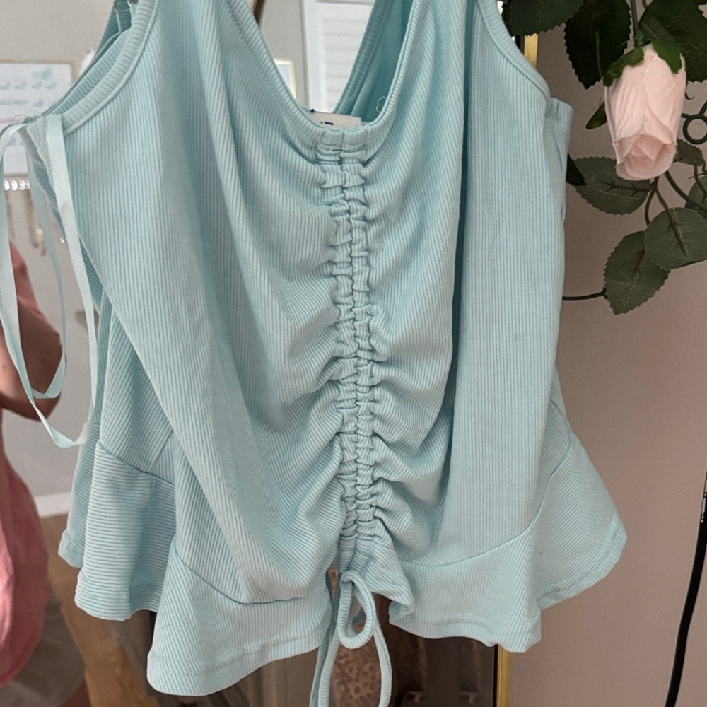 Light Aqua Ribbed Drawstring Cami Tank - Picture 5 of 5